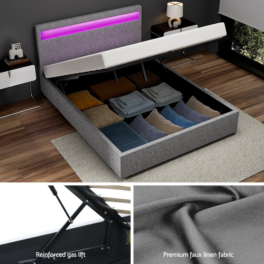 Tweepersoons Bedframe met Gaslift Opbergruimte en LED Hoofdbord – Grijs Gestoffeerd 140x190 cm | Restfield