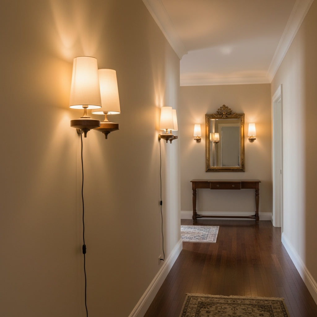 Design Wandlamp met Stekker in Hout en Messing – Natuurlijke Verlichting met Stoffen Kap 1 of 2 Lichtpunten | Restfield